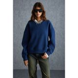 GRIMELANGE Vaneltına Kadın Içi Polarlı 3 Iplik Organik Pamuk Oversize Basic Bisiklet Yaka Lacivert Sweatshirt