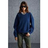 Grimelange Vaneltina Kadın İçi Polarlı 3 İplik Organik Pamuk Oversize Basic Bisiklet Yaka Sweatshirt, Lacivert, XL