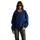 Grimelange Vaneltina Kadın İçi Polarlı 3 İplik Organik Pamuk Oversize Basic Bisiklet Yaka Sweatshirt, Lacivert, XS