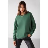 Grimelange Vaneltina Kadın İçi Polarlı 3 İplik Organik Pamuk Oversize Basic Bisiklet Yaka Sweatshirt, Yeşil, XL
