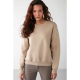 Grimelange Vaneltına Kadın Içi Polarlı 3 Iplik Organik Pamuk Oversize Basic Bisiklet Yaka Vizon Sweatshirt - XL - Vizyon