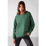 GRIMELANGE Vaneltına Kadın Içi Polarlı 3 Iplik Organik Pamuk Oversize Basic Bisiklet Yaka Yeşil Sweatshirt