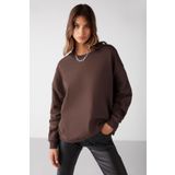 Grimelange Vaneltına Kadın Organik Pamuklu Yumuşacık Içi Polarlı Yuvarlak Yakalı Kahverengi Sweatshirt