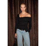 Grimelange VELMEA Kadın Asimetrik Yaka Omuz Detaylı Slim Fit Siyah Bluz - XL