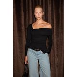 GRIMELANGE VELMEA Kadın Asimetrik Yaka Omuz Detaylı Slim Fit Siyah Bluz