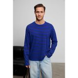 GRIMELANGE VIGOS Erkek %100 Organik Pamuklu Yuvarlak Yakalı Regular Fit Uzun Kollu Mavi Çizgili T-Shirt