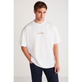 Grimelange Vıto Erkek %100 Organik Pamuklu Nakış Yazı Detaylı Oversize Bol Kesim Kısa Kollu Beyaz T-shirt - 2XL