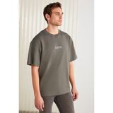 Grimelange Vıto Erkek %100 Organik Pamuklu Nakış Yazı Detaylı Oversize Bol Kesim Kısa Kollu Gri T-shirt - 2XL