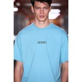 Grimelange Vıto Erkek %100 Organik Pamuklu Nakış Yazı Detaylı Oversize Bol Kesim Kısa Kollu Mavi T-Shirt - 2XL