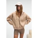 Grimelange VYSELLE Kadın Önü Kesikli Metal Fermuarlı Kapüşonlu Etiket Detaylı Oversize Vizon Sweatshirt - Vizyon