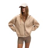 GRIMELANGE VYSELLE Kadın Önü Kesikli Metal Fermuarlı Kapüşonlu Etiket Detaylı Oversize Vizon Sweatshirt