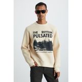 GRIMELANGE Yanke Erkek Önü Baskılı Yuvarlak Yaka Parmak Geçme Detaylı Bej Sweatshirt