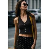 Grimelange Zemkı Kadın Yumuşak ve Esnek Kumaşlı Düğmeli Halter Yaka Kahverengi Bluz - XL
