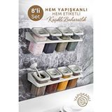GRİMOR Life 8 Li Etiketli Standlı Kilitli Kaşıklı Kendinden Yapışkanlı Kare Baharatlık Takımı 400 ML-Bej
