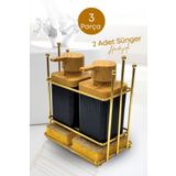 GRİMOR Life Ahşap Desenli Altın Gold Metal Standlı Bulaşık Deterjanı Sıvı Sabunluk Mutfak Seti-Sünger