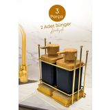 GRİMOR Life Gold Metal Standlı Siyah Ahşap Detaylı Bulaşık Deterjanı Sıvı Sabunluk Mutfak Seti-Sünger Hediyeli