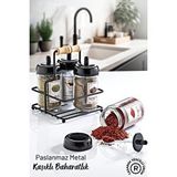 Grimor Life Metal Standlı 4'lü Kaşıklı Cam Baharatlık Seti 300 Cc- Flora Baharatlık Seti- Etiket Hediyeli Siyah