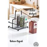 Grimor Life Metal Standlı 4'lü Vakum Kapaklı Mika Baharatlık Seti 250 Cc- Adel Baharatlık Seti- Etiket Hediyeli Siyah