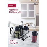 Grimor Life Perla Metal Standlı Peçetelik Hazneli 4'lü Çift Kapaklı Cam Baharatlık Seti - Baharat Takımı Siyah