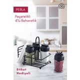 Grimor Life Perla Metal Standlı Peçetelik Hazneli 4'Lü Çift Kapaklı Cam Baharatlık Seti - Baharat Takımı