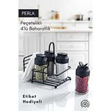 Grimor Life Perla Metal Standlı Peçetelikli 4'Lü Çift Kapaklı Cam Baharatlık Seti - Tuzluk Biberlik Peçetelik