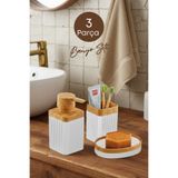 grimorlife 3 Parça Ahşap Desenli Bohem Tarzı Banyo Seti Beyaz (SIVI SABUNLUK, KATI SABUNLUK, DİŞ FIRÇALIK)