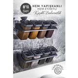 grimorlife 8 Li Etiketli Standlı Kilitli Kaşıklı Kendinden Yapışkanlı Kare Baharatlık Takımı 400 ML-Füme