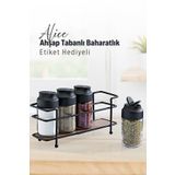 grimorlife Ahşap Tabanlı Metal Standlı 4’lü Cam Baharatlık Seti – Çift Kapaklı Tuzluk & Biberlik