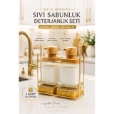 grimorlife Gold Metal Standlı Ahşap Detaylı Bulaşık Deterjanı Ve Şeffaf Sıvı Sabunluk Mutfak Seti-2 Adet Sünger Hediyeli