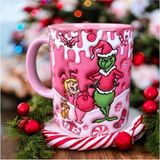 Grinch ve Cindy Yılbaşı Hediyelik Tasarım Kupa-Doğum Günü-Arkadaş-Sevgili Hediyelik Kupa Bardak - Pembe - 330 ml