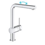 Grohe Eviye Bataryası Spiralli 2 Fonksiyonlu Minta Krom- 30274000 | Monoblok kurulum, 46 mm seramik kartuş, Pull-Out İkili Sprey: laminer sprey/duş jeti, Döner aralık 360°, Kuyruklar 1 cm