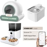 Groove Ti+ Akıllı Otomatik Kedi Tuvaleti Yeşil - Petfit Aqua Flow Akıllı Bataryalı Su Pınarı Çeşmesi + Petfit Autodine x Plus Akıllı Otomatik Mama Kabı Bundle - 53 x 41 x 41 cm - Beyaz - Yeşil