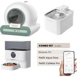 Groove Ti+ Akıllı Otomatik Kedi Tuvaleti Yeşil - Petfit Aqua Flow Akıllı Bataryalı Su Pınarı Çeşmesi + Petfit Catmax Pro Akıllı Otomatik Mama Kabı Bundle - 53 x 41 x 41 cm - Beyaz - Yeşil