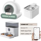 Groove Ti+ Akıllı Otomatik Kedi Tuvaleti Yeşil - Petfit Aqua Flow Akıllı Bataryalı Su Pınarı Çeşmesi + Petfit Catmax Pro Plus Akıllı Otomatik Mama Kabı Bundle - 53 x 41 x 41 cm - Beyaz - Yeşil