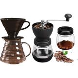 Grossberg Coffee V60 Dripper Cam Kahve Sürahisi Değirmen Set - Siyah