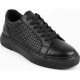 Growish GD0111 Hakiki Örgü Deri Yüksek Eva Taban Özel El Işi Siyah Spor Klasik Sneaker Ayakkabı - Siyah-001