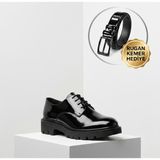 Growish GR0227 Hakiki Rugan Deri Kalın Taban KEMER HEDİYELİ Klasik Spor Casual Bağcıklı Üst Kalite Business Erkek Klasik Ayakkabı - 000-Siyah