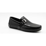 Growish GR0529 Hakiki Deri Örgü Desenli Tokalı Günlük Siyah Spor Klasik Loafer Babet Ayakkabı - Siyah-091TS