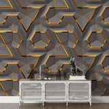 Grown Altın Çizgili Antrasit Geometrik Desenli Duvar Kağıdı - Salon ve Oturma Odası