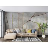 Grown Gri Taş Desenli Altın Çizgili Geometrik Duvar Kağıdı - Salon ve Oturma Odası