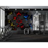 Grown Kırmızı Mavi Sarı Işıklı Aydınlatılmış Altıgen Desenli Geometrik Duvar Kağıdı - Salon ve Oturma Odası