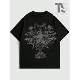Grunge Punk Erkek Yıldız ve Çiçek Baskılı Tişört - Siyah