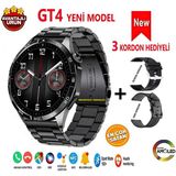 Gt4 Amoled Ekran + 3 Kordonlu + Çelik Kasa Akıllı Saat (2023 Yeni Model) - Siyah
