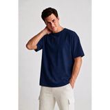 Guaraz Erkek Lacivert Oversize Bisiklet Yaka %100 Organik Pamuk Düz Basic Yazlık T-Shirt - 2XL