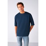 GUARAZ Erkek Lacivert Oversize Bisiklet Yaka %100 Organik Pamuk Düz Basic Yazlık T-shirt