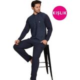 Guava Erkek 3 Düğme Uzun Kol Göğüs Cepli Selanik Kumaş Kışlık Kalın Cepli Pijama Takımı - Lacivert