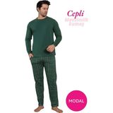 Guava Erkek Bisiklet Yaka Düğmesiz Ekose Desen Modal Mevsimlik Uzun Kol Manşetli Cepli Pijama Takımı - Yeşil - XL