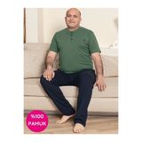 GUAVA+ Erkek Yeşil Geniş Kalıp %100 Pamuk Kısa Kol Cepli Büyük Beden Pijama Takımı