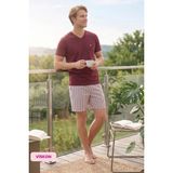Guava Homewear Erkek Jakarlı Düğmesiz V Yaka Yazlık Viskon Kısa Kol Cepli Jakarlı Diz Üstü Şortlu Pijama Takımı - Bordo - XL
