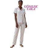 Guava Kadın Gri-Beyaz Çizgili Slim Fit Gömlek Yaka Önden Düğmeli Dar Kalıp Kısa Kol Pijama Takımı